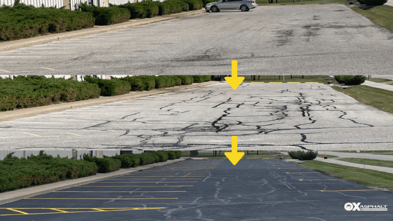 Indianapolis parking lot crack filling before and after - faded cracked asphalt transformed to smooth sealcoated surface