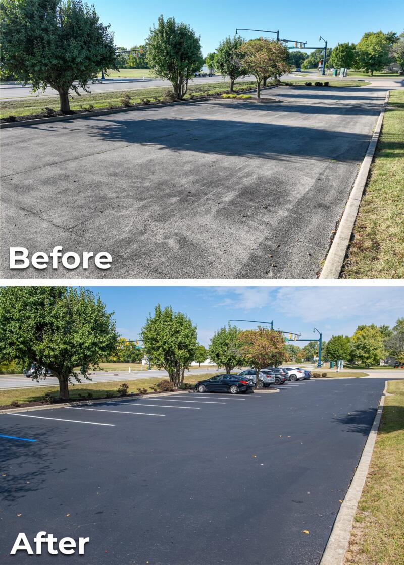 Commercial parking lot sealcoating before and after - oxidized gray asphalt restored to deep black in Indianapolis
