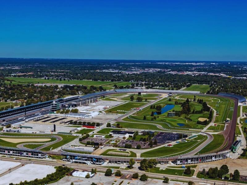 Aerial of Indianapolis Motor Speedway complex looking north, Speedway, IN