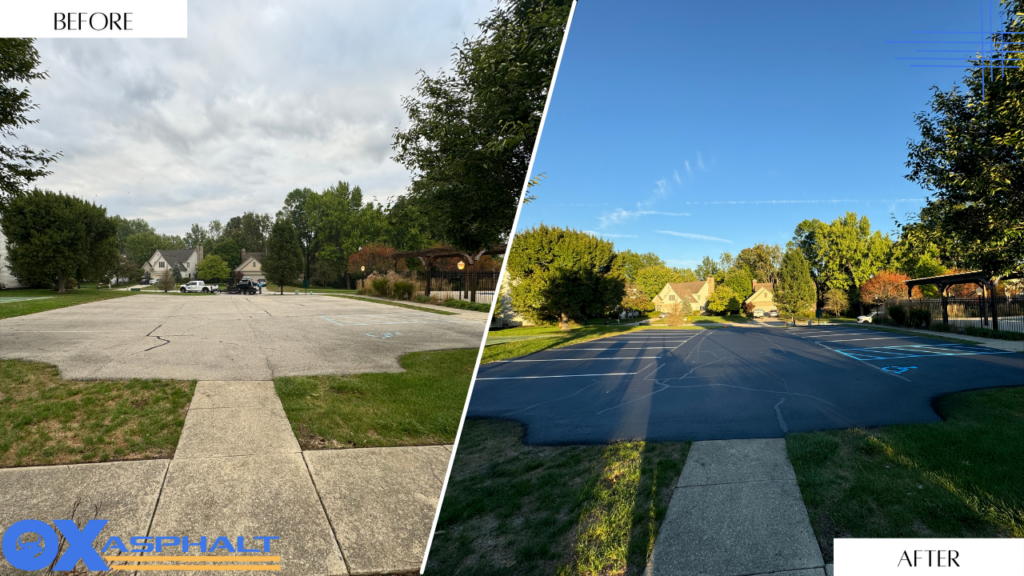 HOA community parking lot before and after sealcoating in Indiana
