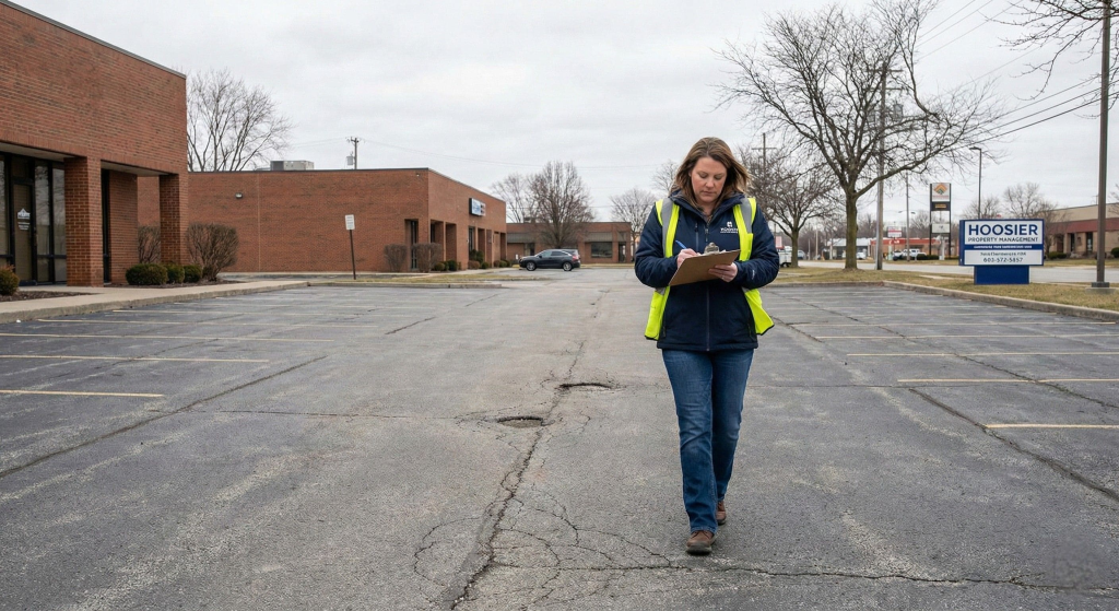 Estimator walking the lot for a spring time parking lot budget