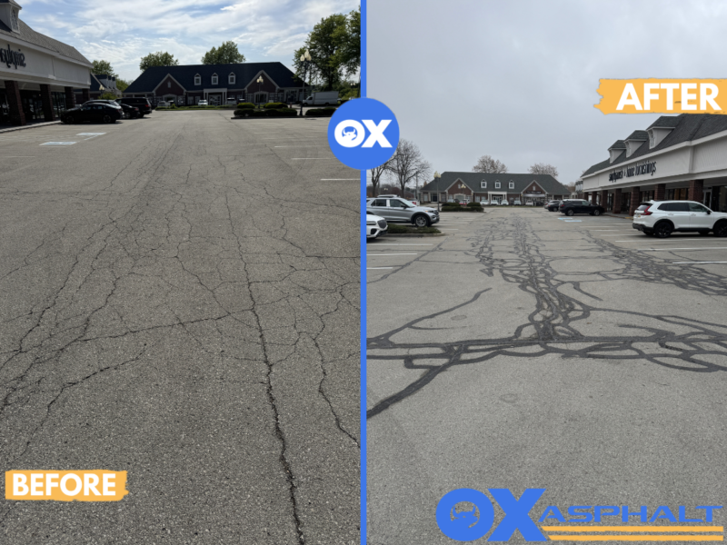 Why does asphalt crack - before and after parking lot repair by Ox Asphalt Indianapolis