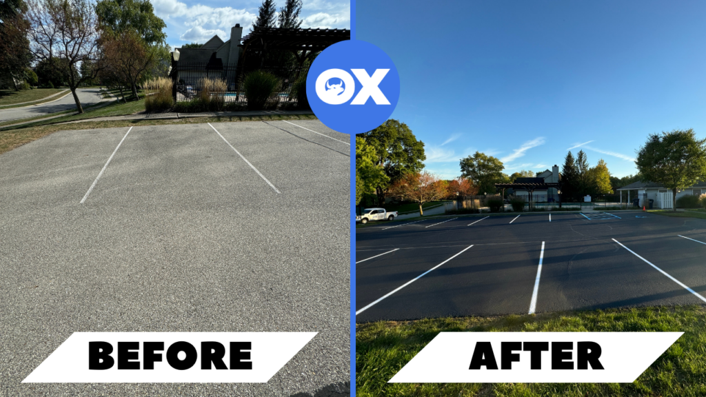 HOA asphalt maintenance Indiana before and after sealcoating by Ox Asphalt