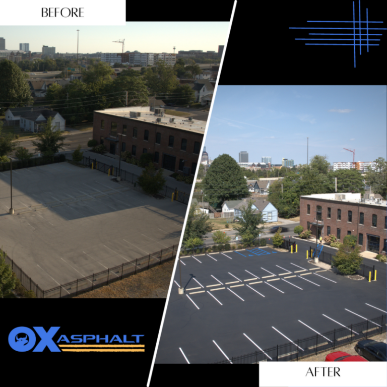 Professional striping machine applying white lines on asphalt parking lot