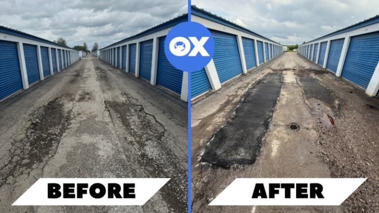 Professional pothole repair crew working on asphalt surface in Indianapolis