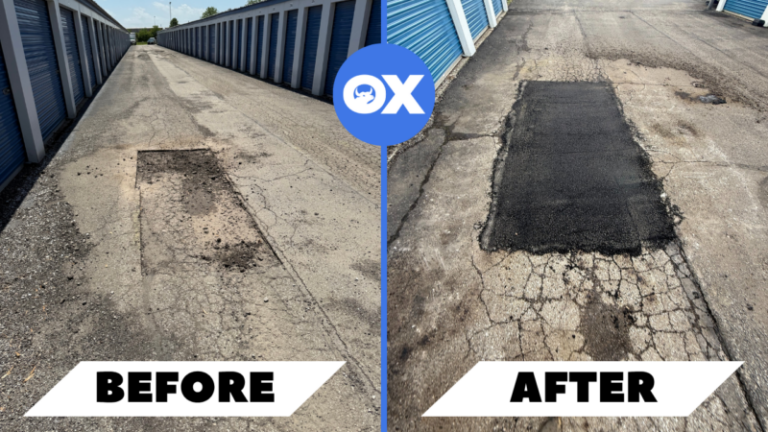 Close-up of pothole repair work on an Indianapolis driveway