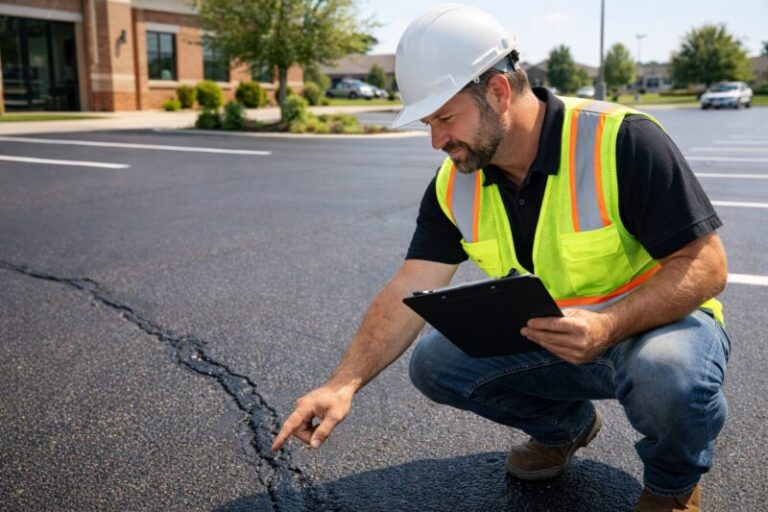 How to Choose Asphalt Paving Contractor - A smart looking asphalt contractor bends down to take a look at the crack in the parking lot