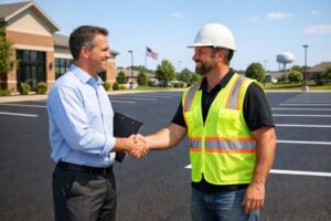 Property manager shaking hands with asphalt paving contractor in Indianapolis parking lot