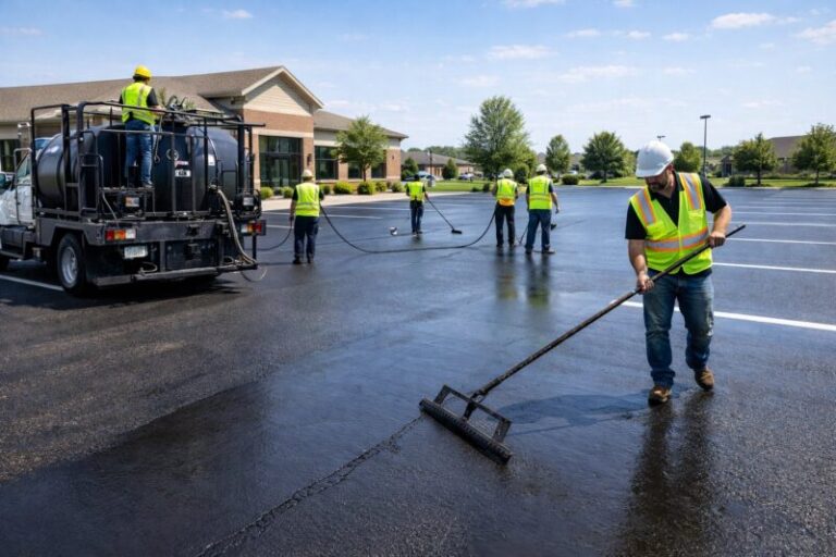 Asphalt contractor inspecting crack repairs on a commercial parking lot in Indianapolis