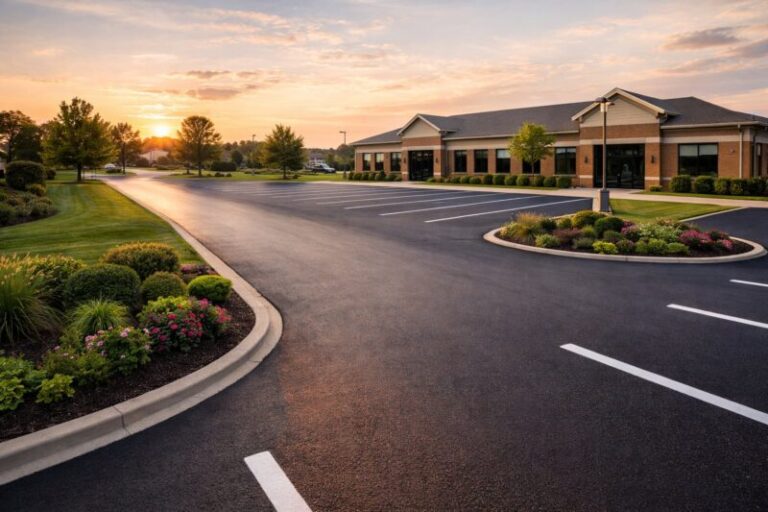 Professional sealcoating crew applying sealant to a commercial parking lot in Indianapolis