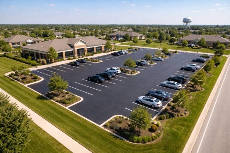 Well-maintained commercial property with fresh asphalt and sealcoating at sunset in Indianapolis